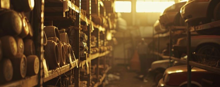 used-parts warehouse with cars and parts